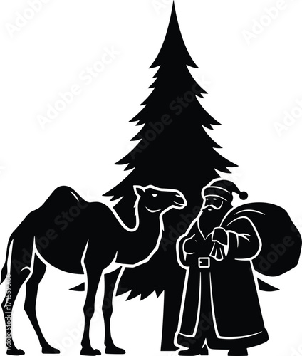 Santa Claus with camel and Christmas tree silhouette, festive holiday vector, black and white illustration, seasonal concept, desert meets winter, cultural crossover scene