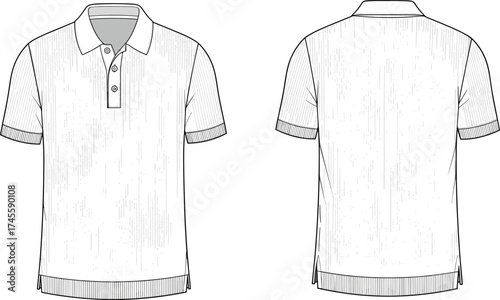 Technical flat sketch of men’s polo shirt front and back view with collar, button placket, ribbed cuffs, side slits, garment design
