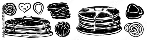 Delicious Pancakes Stacked High Drizzled with Sweet Syrup, a Perfect Breakfast Treat, Featuring Buttermilk Flapjacks and Maple Syrup in a Whimsical, Hand-Drawn Style, Suitable for Menu Design, Cafe Ar