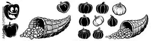 Abundant Harvest Cornucopia with Pumpkins, Squash and Peppers for Thanksgiving Festival Graphic Design in Black and White, Vintage Woodcut Style for Autumn Holiday Marketing, Decoration, Invitations,