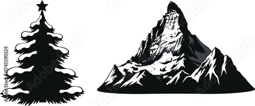 snowy mountain silhouette, festive winter vector, black and white illustration, holiday nature scene, seasonal contrast, alpine landscape, outdoor celebration