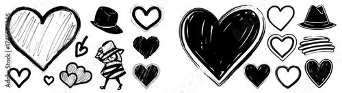 Expressive Hand-Drawn Hearts and Hat Collection for Valentine's Day Designs, Representing Love, Romance, and Affection in Graphic Resources, Ideal for Greeting Cards, Invitations, and Social Media Pos