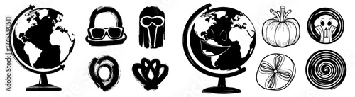 Whimsical World Traveler's Icons & Globes: Cartoonish Earth Objects for Education & Fun - Geography Teacher, Traveling Planner, Global Business, Modern Design Elements, Hand-Drawn Style, Black & White
