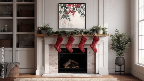 A fireplace with four red stockings on it