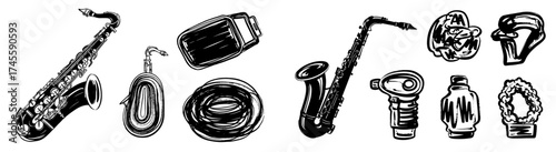 Creative Jazz Saxophone Instrument Sketch: Artistic Musical Band Instrumentalist Performing Arts for Entertainment & Culture Events, Vintage Music Lover, Black and White Design, Saxophonist Concert Ar