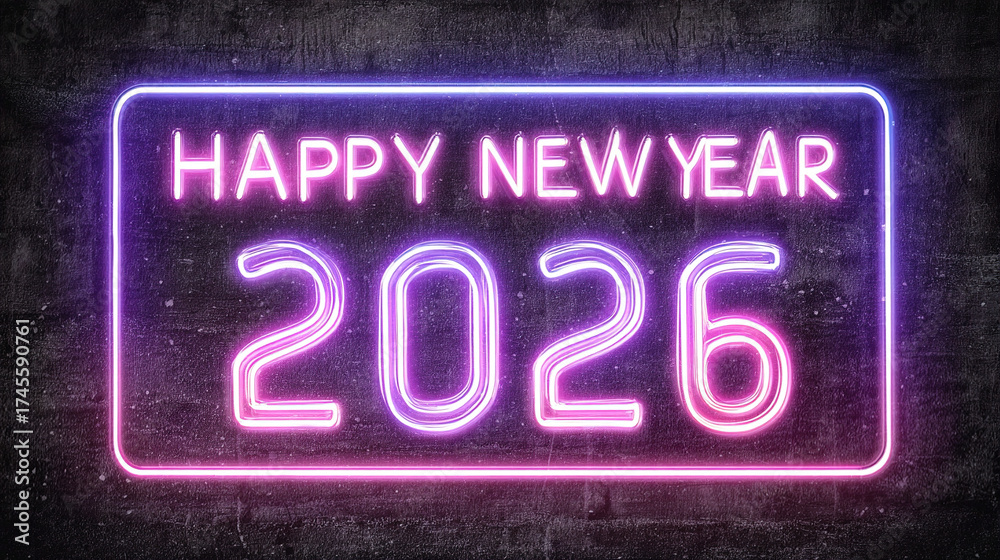 Obraz premium Neon purple happy new year 2026 text dark background