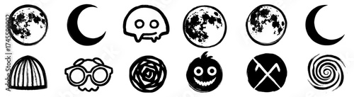 Abstract Grunge Icon Set with Lunar Phases, Symbols, and Emoticons in Black and White, Perfect for Graphic Design, Branding, Web Elements, Social Media, Occult Practices, Mysticism, Presentation Backd