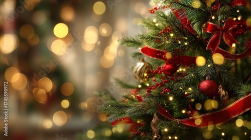 A Christmas tree with red ribbon and lights