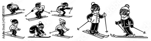 Animated Skiers Skiing Downhill in Black and White Line Art Illustration Style, Winter Sport Activity, Recreational Lifestyle, Snowy Mountains, Cartoon Character Figures Graphic Design, Christmas Seas