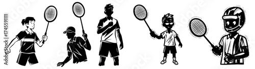 Enthusiastic Badminton Players and Referee in Action: Professional Athletes Competing in a Tournament, Energetic Sports Competition, Black and White Vector Illustration for Graphic Design, Presentatio