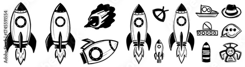Retro Rocketships Exploring Space, Vintage Spacecrafts Launching into Orbit, Black and White Cartoon Style, Sci-Fi Adventure Illustration for Graphic Design Projects, Technology Presentations, Aerospa