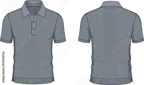 Technical flat sketch of men’s polo shirt with ribbed collar, button placket, pinstripe fabric, side slits, tailored construction, garment design