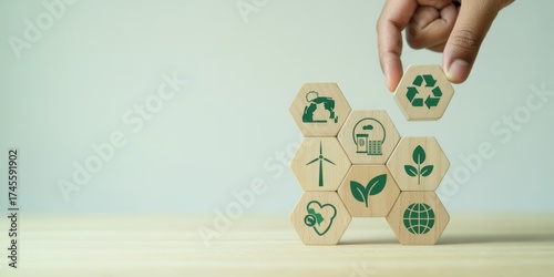 Eco-Friendly Assembly: A hand carefully places the final block into a hexagonal arrangement of eco-conscious symbols, symbolizing environmental sustainability.