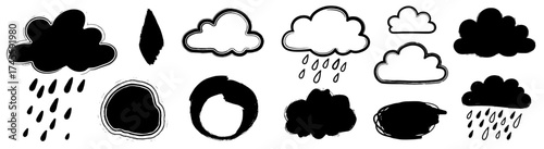 Whimsical Weather Elements Doodles: Hand-Drawn Clouds, Raindrops, and Shapes for Children's Designs, Creative Illustrations, School Projects, Educational Material, Website Graphics, Modern Scrapbookin