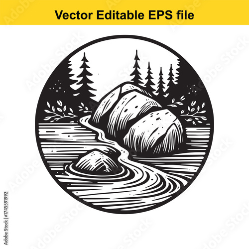 Vector art of river flowing through rocks and trees in a circular emblem