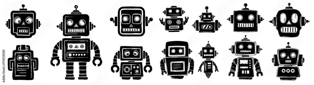 Fototapeta premium Collection of Retro Robots in Silhouette Style Isolated on White Background for Technology Innovation Concepts and Future Artificial Intelligence Projects, Vintage Automation Machines for Creative Des