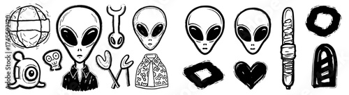 Doodle Alien Invasion Illustration Set: Extraterrestrial Life Forms, Retro Ufo Spaceships, Planets Exploring Galactic Universe in Outerspace, Sci-Fi Elements, Futuristic Symbolism for Cosmic Themed De