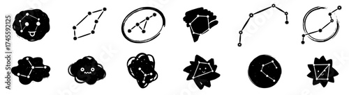 Whimsical Constellation Doodles on White Background: Hand-Drawn Star Patterns in Ink for Astrology Education & Celestial Design Projects, Modern Science Illustrations for Children's Books, Marketing &