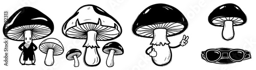 Whimsical Mushroom Characters in Black and White Graphic Set, Delivering a Positive Message, Perfect for Fantasy, Cartoon, Illustration Projects, Ideal for Creative Designs, Posters, and Magical Adven