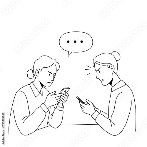 Two people arguing while using smartphones at a table indoors  