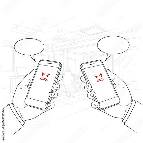 Two hands holding smartphones showing angry emojis in office, emotional distance, conflict resolution  