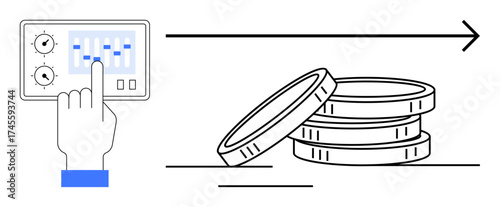 Hand using control panel with sliders, next to stacked coins and arrow symbolizing financial management, optimization, budget control, investment, cost efficiency, strategy, simple flat metaphor