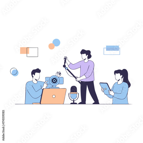 Three individuals collaborating on a video production setup, using various equipment.