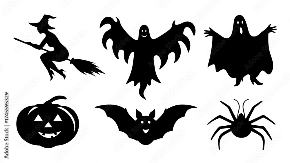 Fototapeta premium Set of Halloween silhouette collection elements on tranparent background