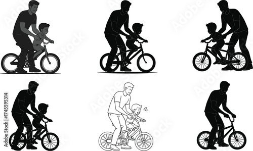 Father teaching child to ride bicycle, parenting support, outdoor activity, learning balance, childhood milestone, family bonding, bike training, silhouette and line art illustration