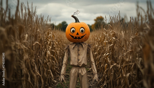 scarecrow with pumpkin head in cornfield