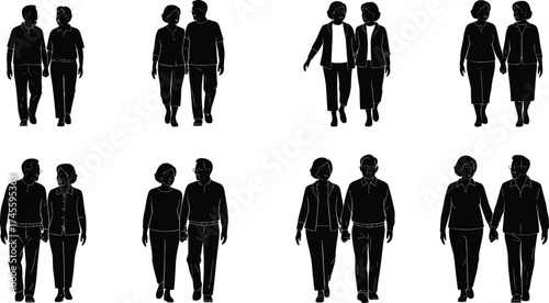 Silhouette of walking people, diverse human interaction, companionship, casual and formal attire, body language, relationship concept, social behavior, black figures on white background