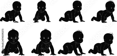 Silhouette of crawling babies, infant movement, early childhood development, diverse baby poses, black figures, white background, growth milestone, baby silhouette illustration