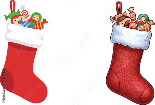 Christmas stocking flat vector, red festive socks, holiday gifts, candy, toys, winter decoration, seasonal clipart, traditional celebration, ornament