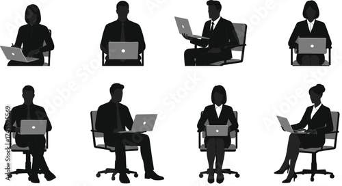 Business professionals working on laptops, office teamwork, remote collaboration, corporate diversity, seated employees in modern workspace, productivity and technology in workplace setting