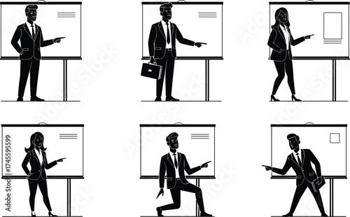 Business professionals presenting, formal attire, corporate training, team briefing, whiteboard strategy, leadership communication, office presentation, pointing gesture, isolated on white background
