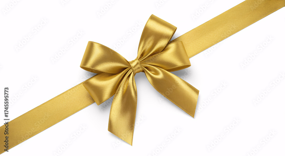 Fototapeta premium A shiny golden ribbon tied in a bow, isolated on white background
