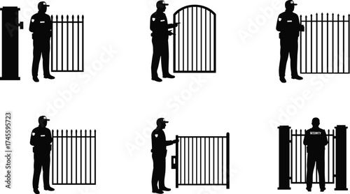 Security guard silhouette set, gate inspection poses, access control illustration, protective personnel vector, safety checkpoint design, isolated black figures for security themes