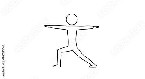 Warrior II Yoga Pose Stick Figure Outline. Minimalist fitness and wellness illustration.