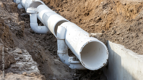 Wallpaper Mural Underground white pipes in a trench. A concrete barrier is on the side. Installation for sewage or drainage system. Torontodigital.ca
