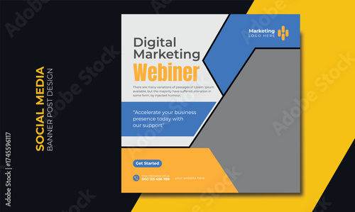 Editable minimal square banner template. Black and yellow background color with stripe line shape. Suitable for social media post and web internet ads. Vector illustration with photo college