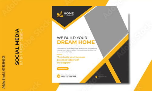 Editable minimal square banner template. Black and yellow background color with stripe line shape. Suitable for social media post and web internet ads. Vector illustration with photo college