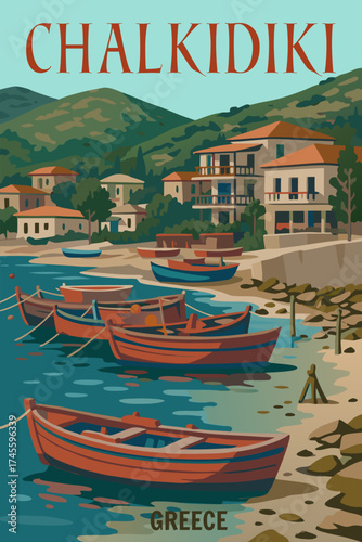 Poster Travel Greece Chalcidice coastline beach, red boats, resort, Aegean sea
