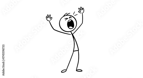 Stick figure screaming, yelling, or shouting with hands up in anger, frustration, panic, or distress