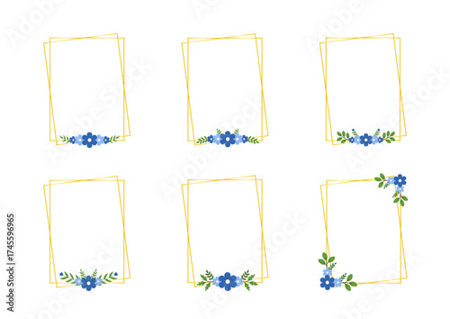 Blue Floral Frame Set with Decorative Flowers and Leaves for Wedding Invitations