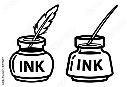 Vector art of two ink bottles with feather, symbolizing writing, calligraphy, and creative expression