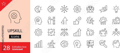 Upskill icons set. Includes symbols of learning, training, professional growth, career development, skill improvement, and education. Editable stroke. Vector illustration. Perfect for e-learning.