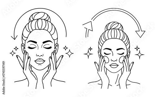Vector art of woman massaging face with hands, facial massage and skincare routine