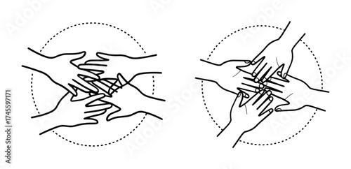 Vector art of two teamwork icons, showcasing collaboration and unity with hands joining together