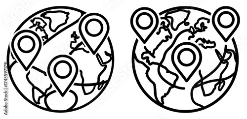 Illustration of globe with location pin, symbolizing travel, destination, and global reach