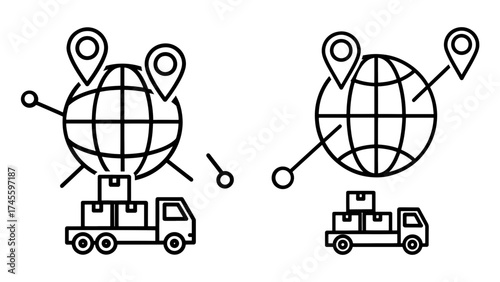 Vector art of global delivery service with truck and globe for worldwide shipping concept